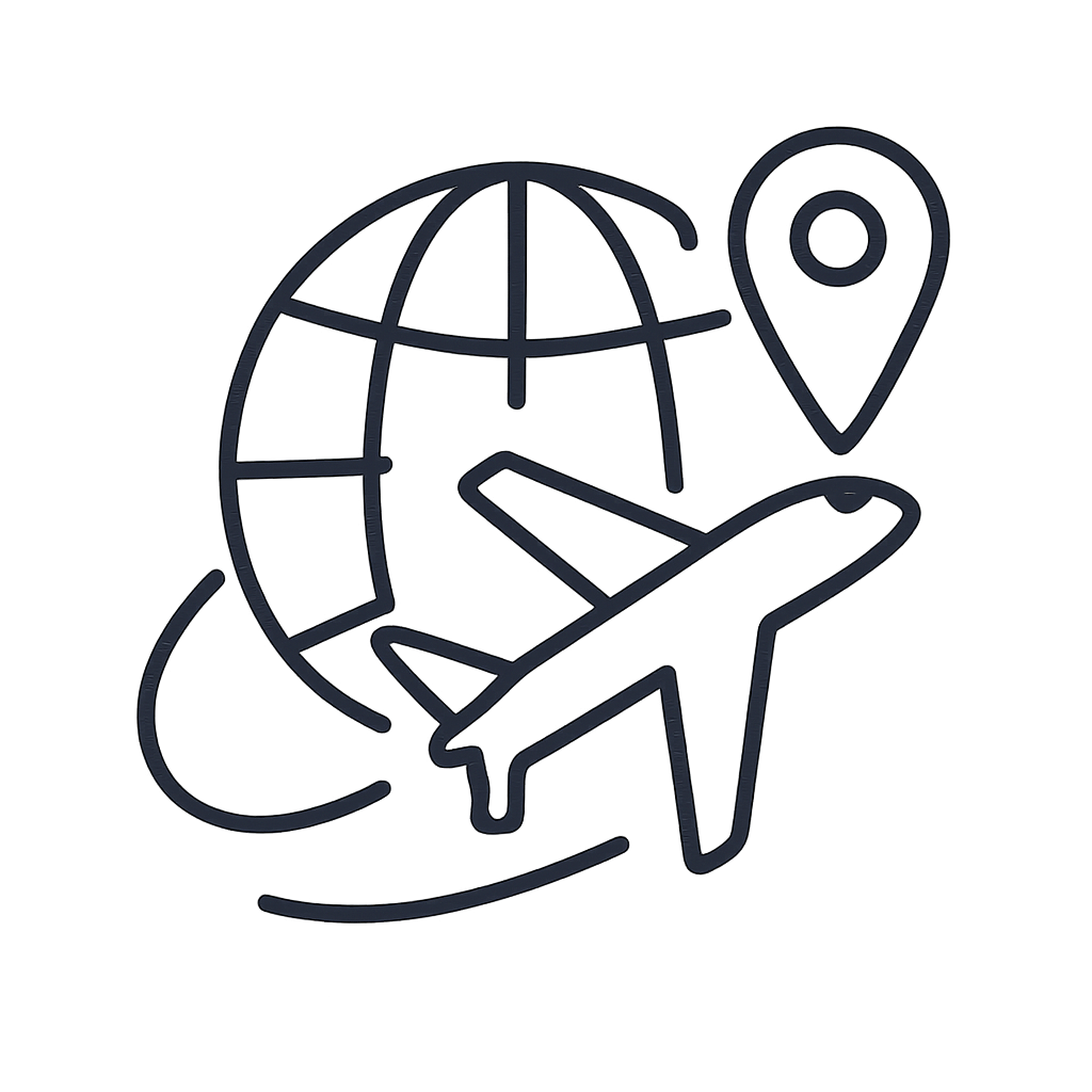 The image is a gray on black graphic of a hand holding a string but depicting a globe, location marker, and a handwritten ...