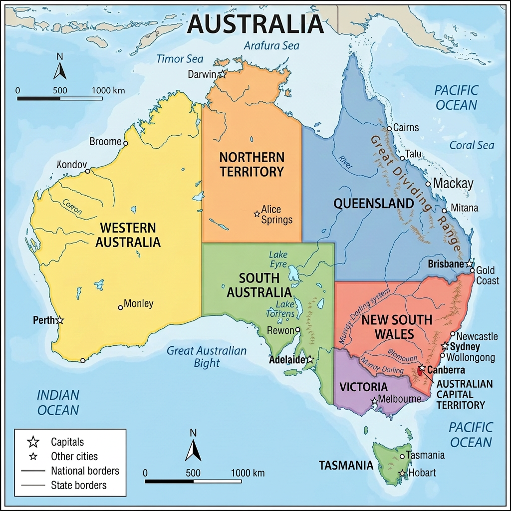 Australian states, territories, and major cities Political map of Australia showing states, territories, capitals, cities, and surrounding oceans